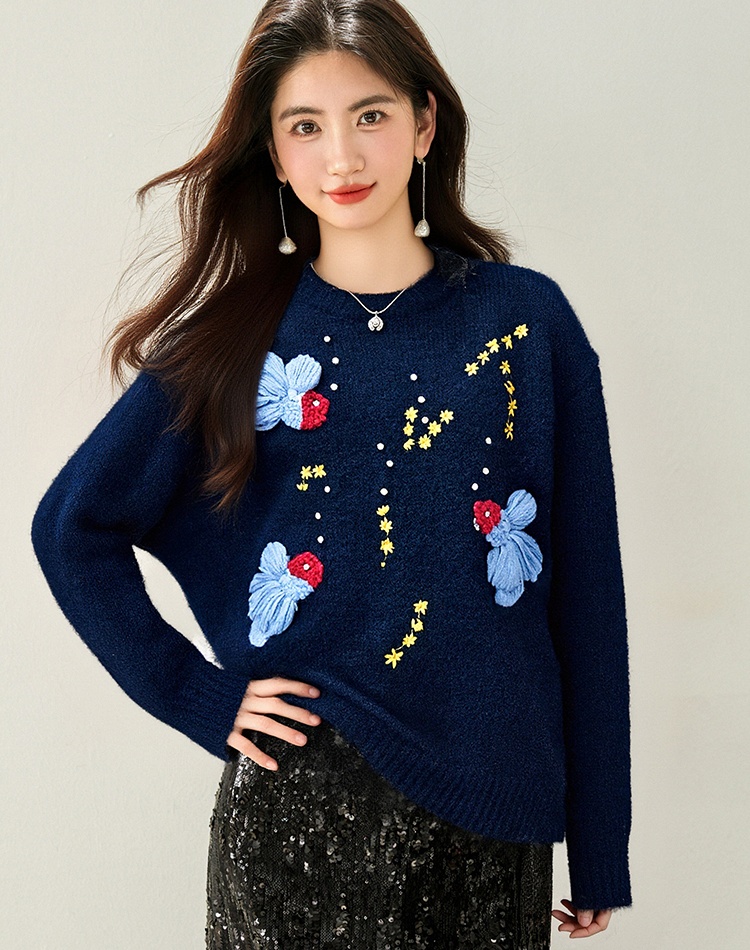 Embroidery goldfish tops pullover crochet sweater for women