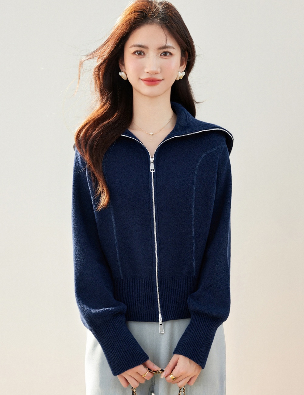 Double zip large lapel tops lazy cardigan for women