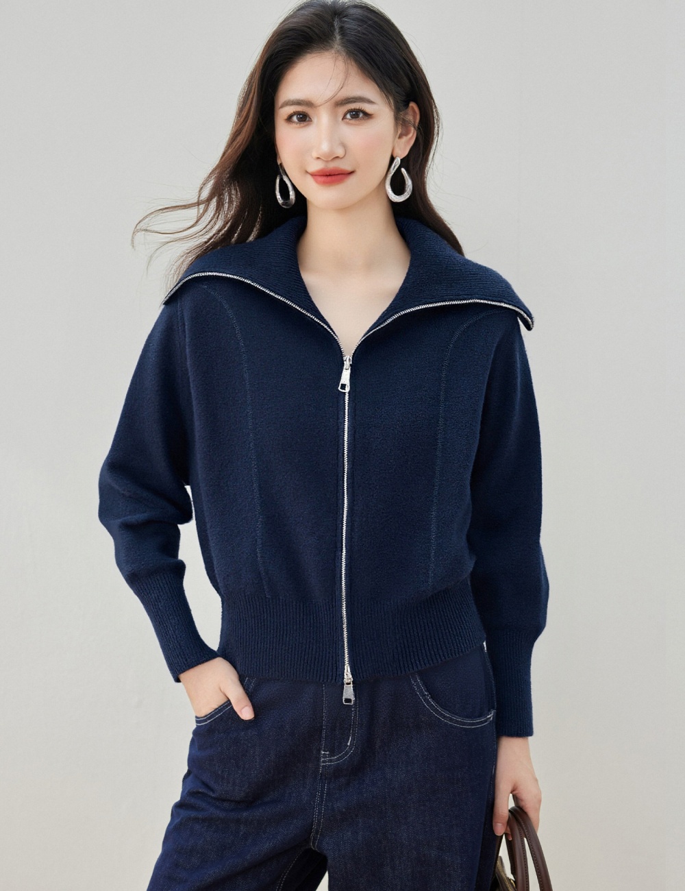 Double zip large lapel tops lazy cardigan for women