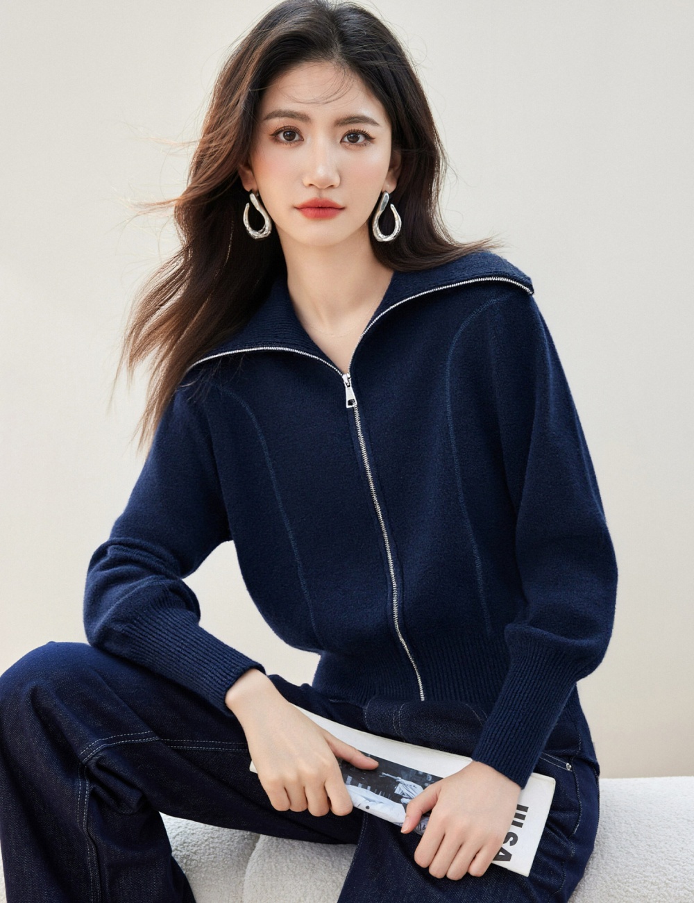 Double zip large lapel tops lazy cardigan for women