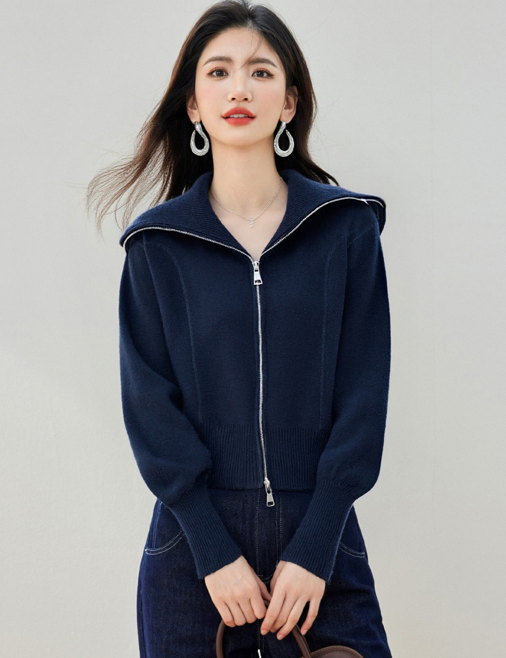 Double zip large lapel tops lazy cardigan for women