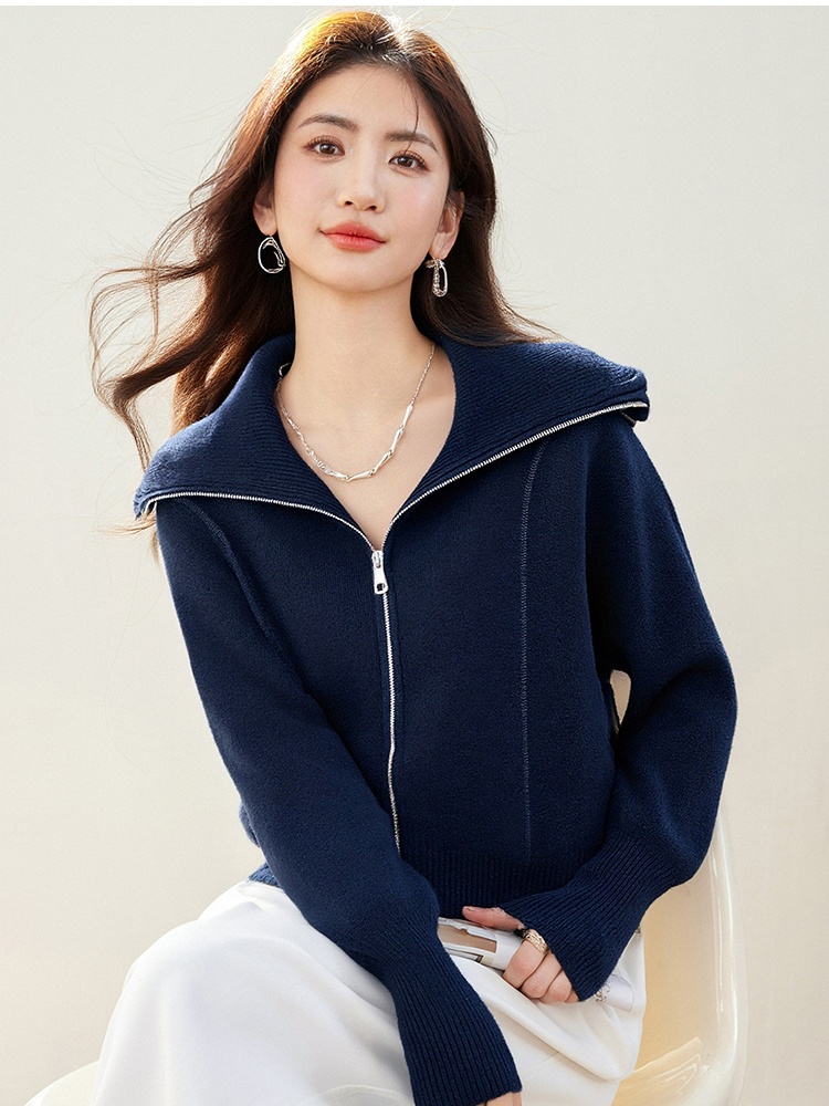 Double zip large lapel tops lazy cardigan for women