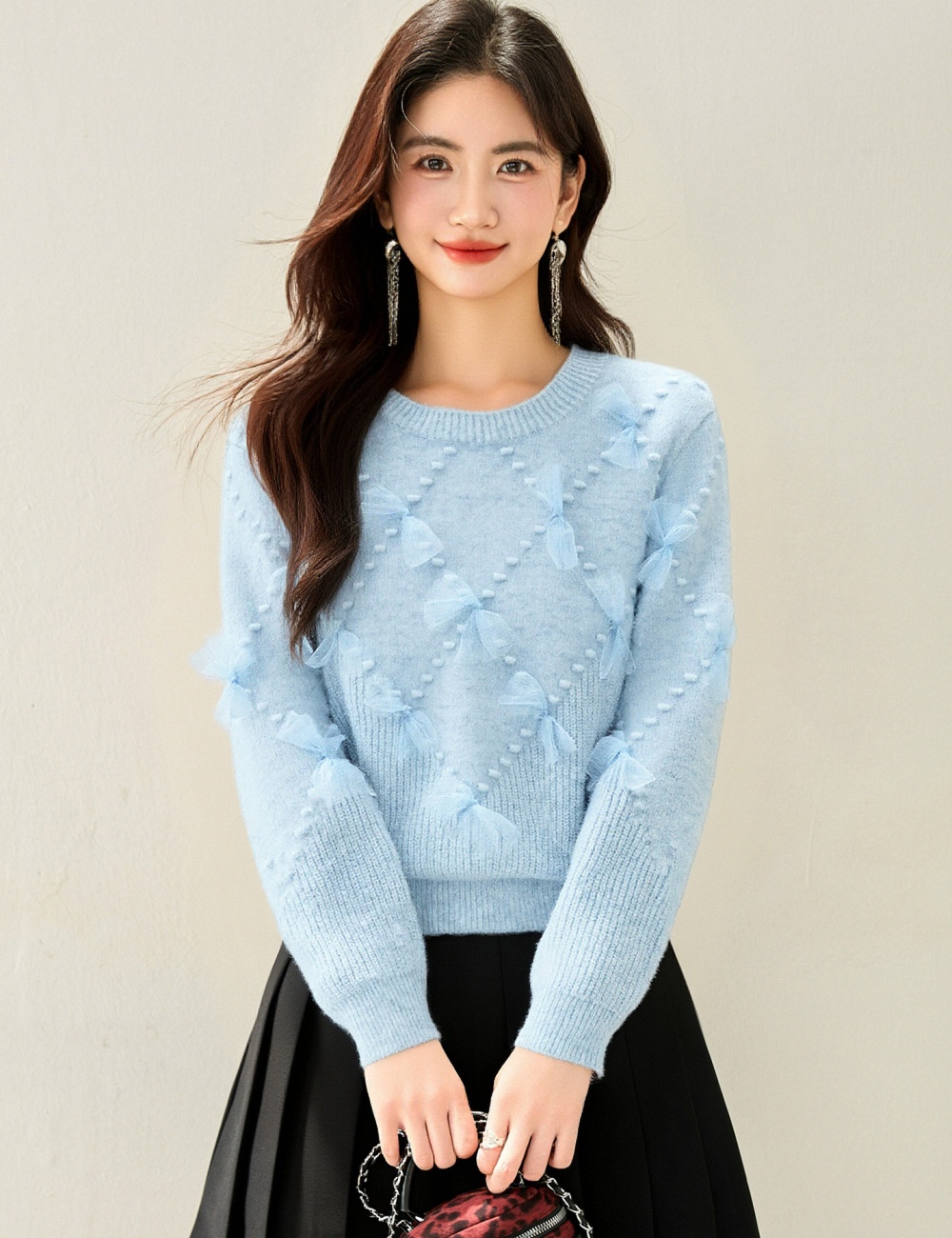 Round neck thick autumn and winter sweater bow pullover tops