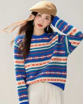 Loose retro mixed colors tops lazy round neck sweater