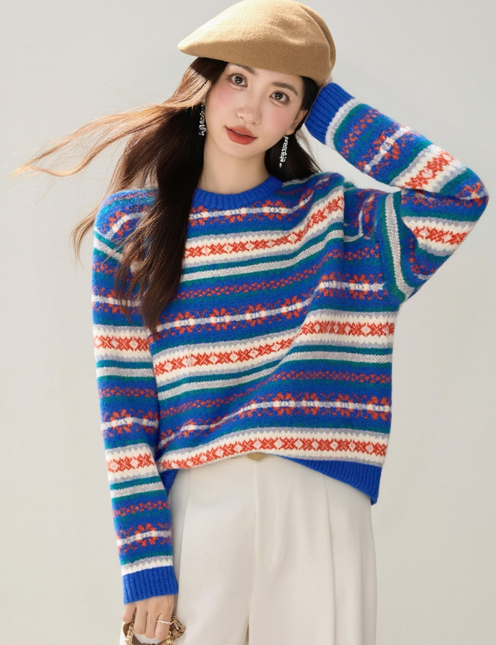 Loose retro mixed colors tops lazy round neck sweater