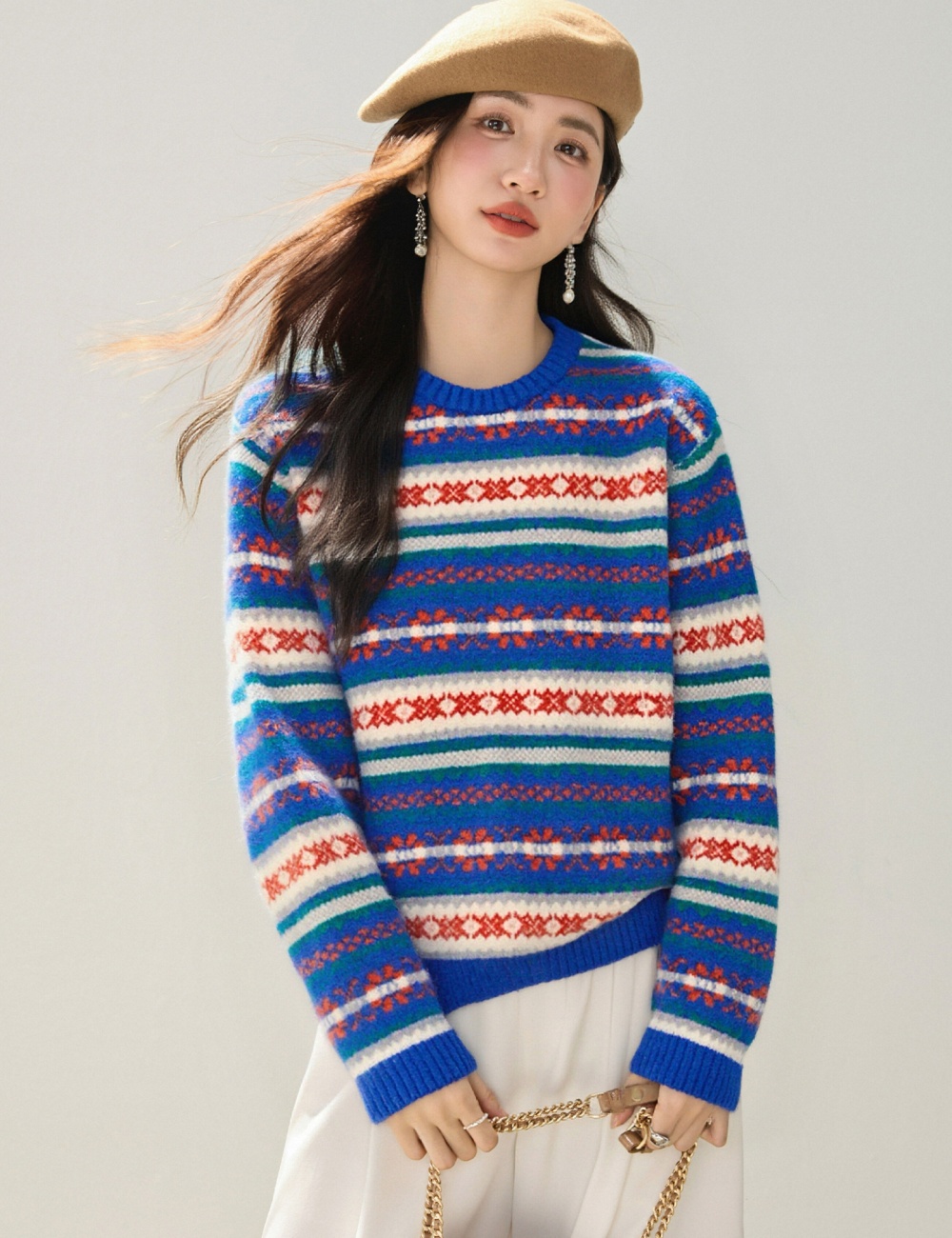 Loose retro mixed colors tops lazy round neck sweater