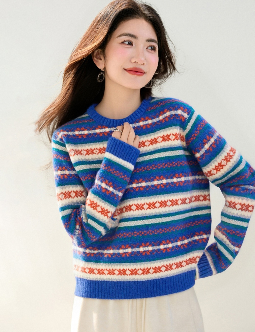 Loose retro mixed colors tops lazy round neck sweater