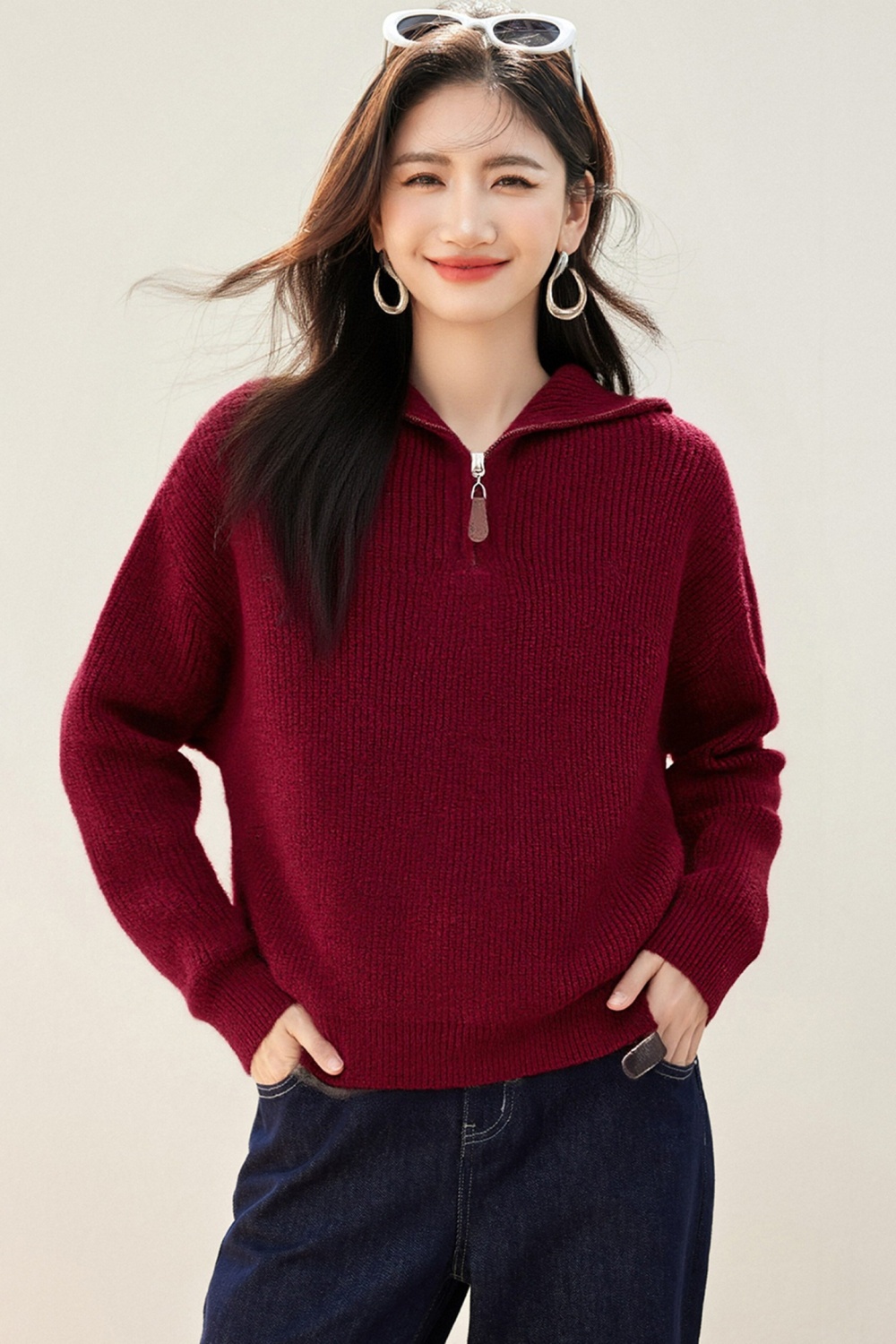 Show young half zip tops hooded all-match sweater