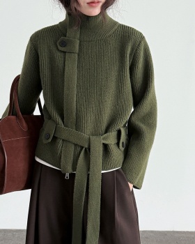 Knitted cstand collar coat slim pinched waist cardigan