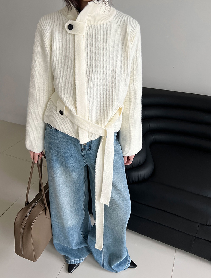 Knitted cstand collar coat slim pinched waist cardigan