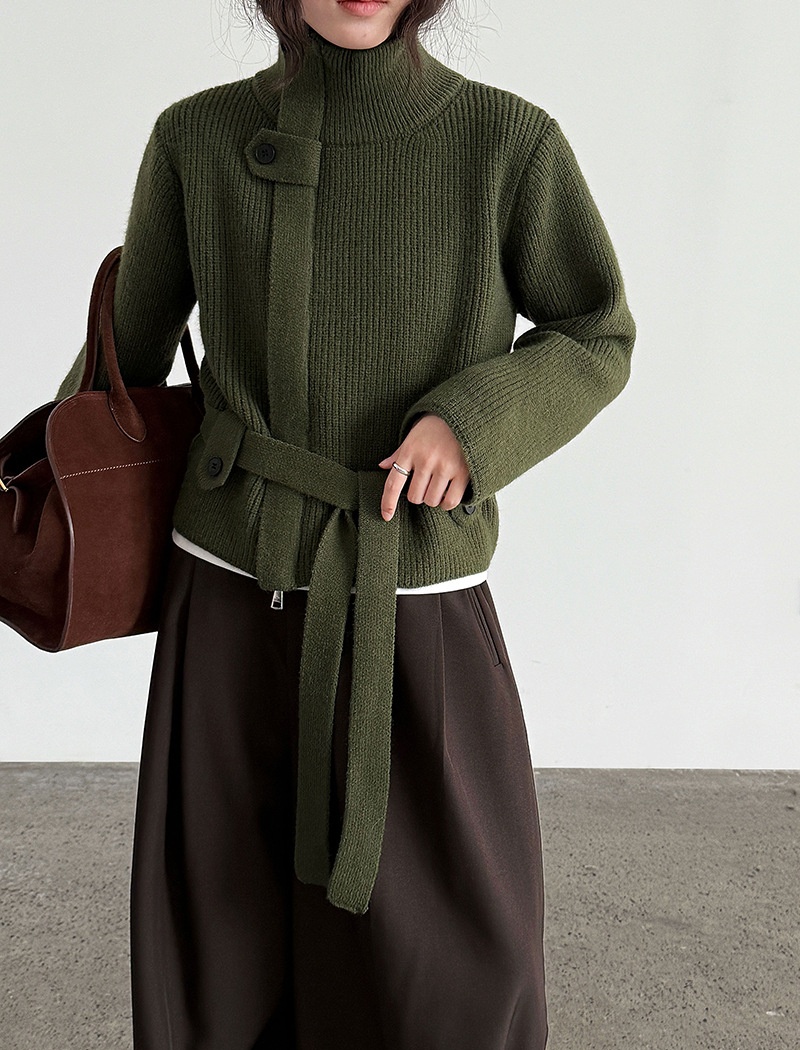 Knitted cstand collar coat slim pinched waist cardigan