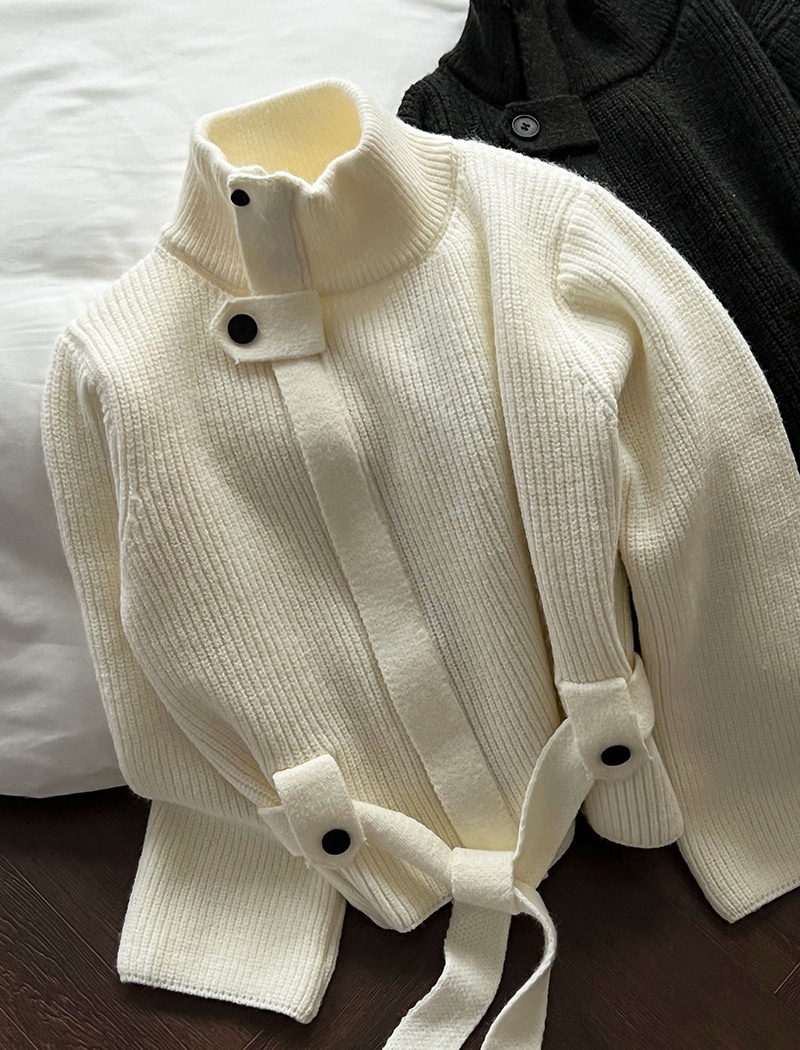 Knitted cstand collar coat slim pinched waist cardigan