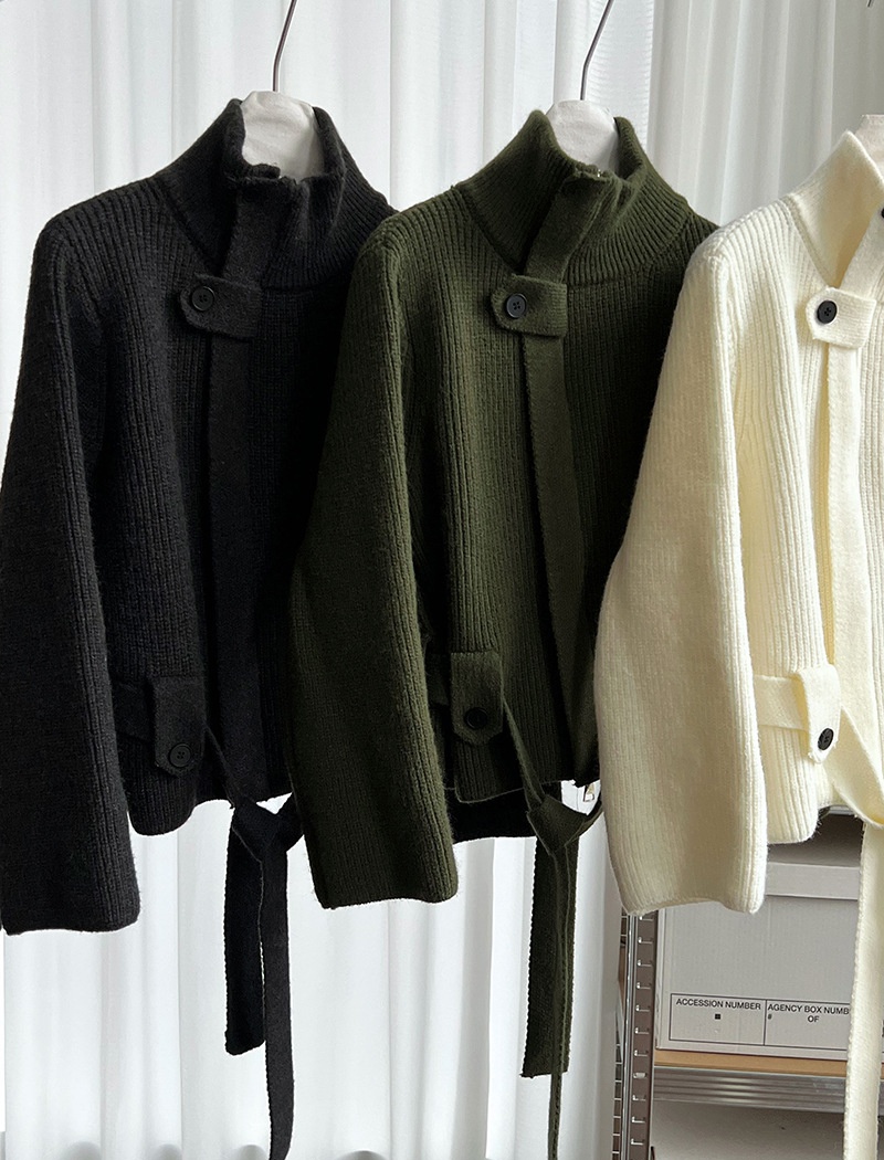 Knitted cstand collar coat slim pinched waist cardigan