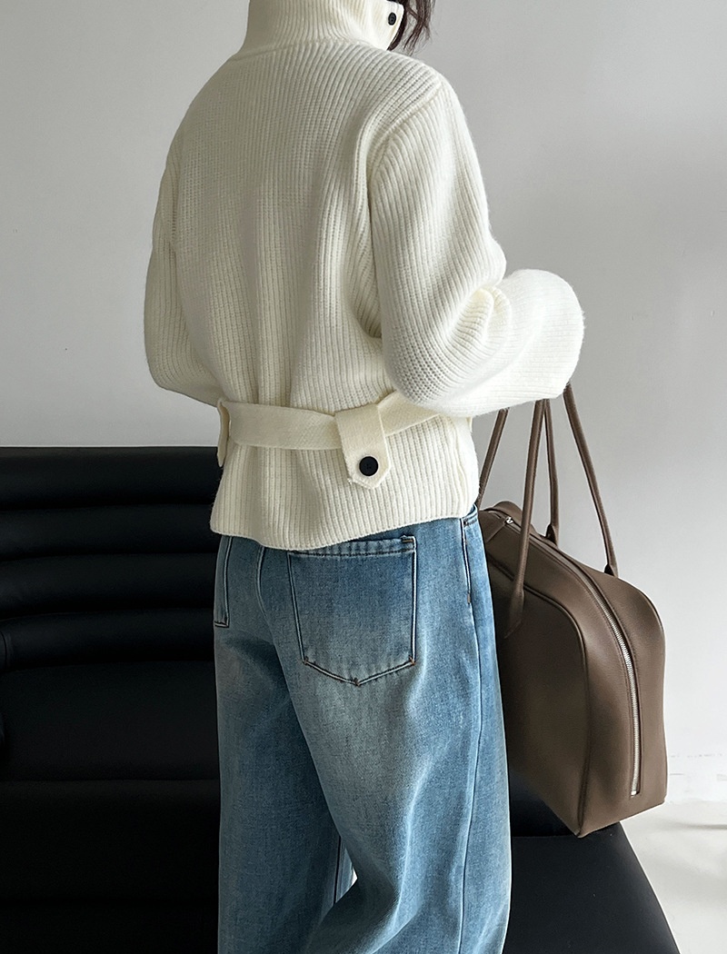 Knitted cstand collar coat slim pinched waist cardigan