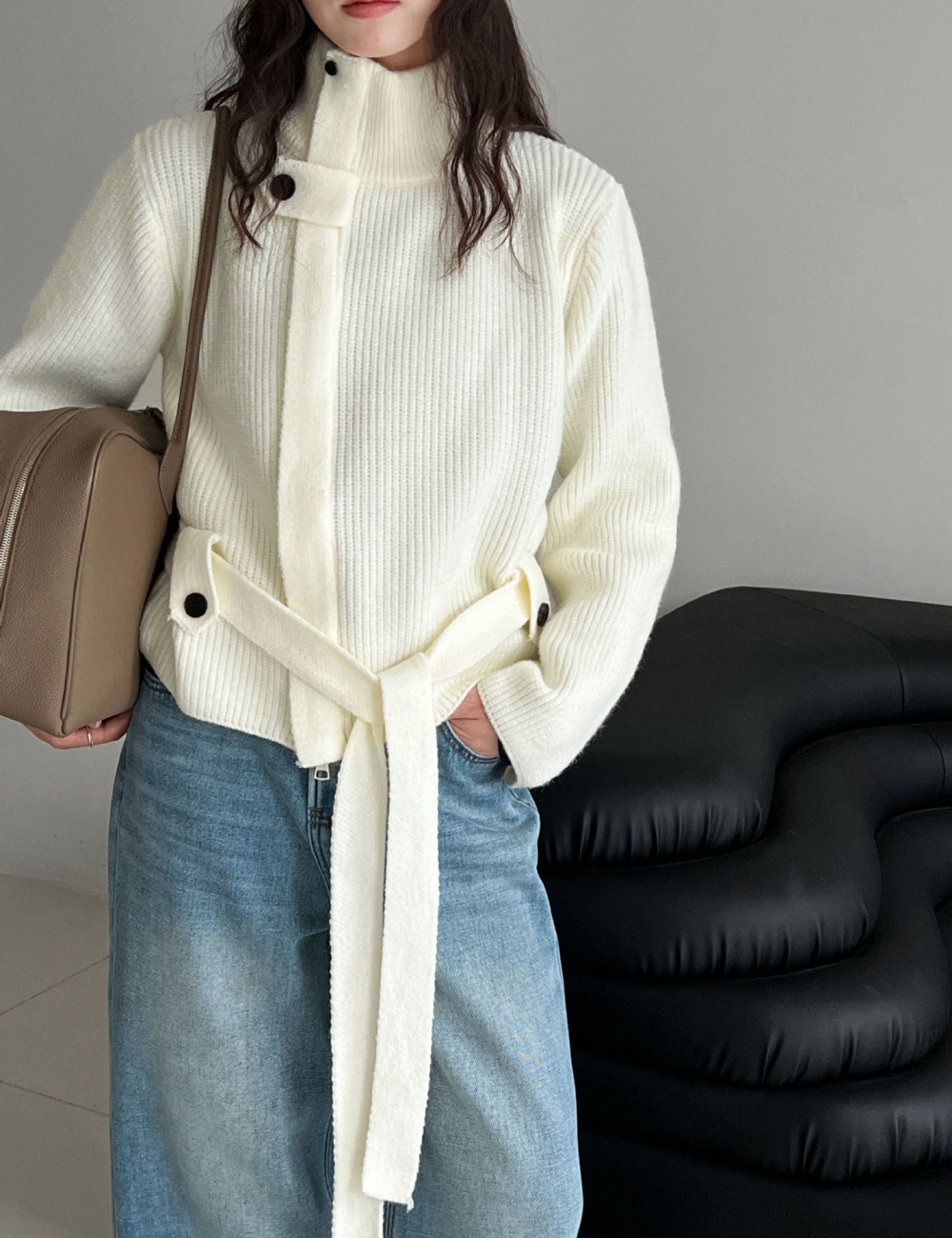 Knitted cstand collar coat slim pinched waist cardigan