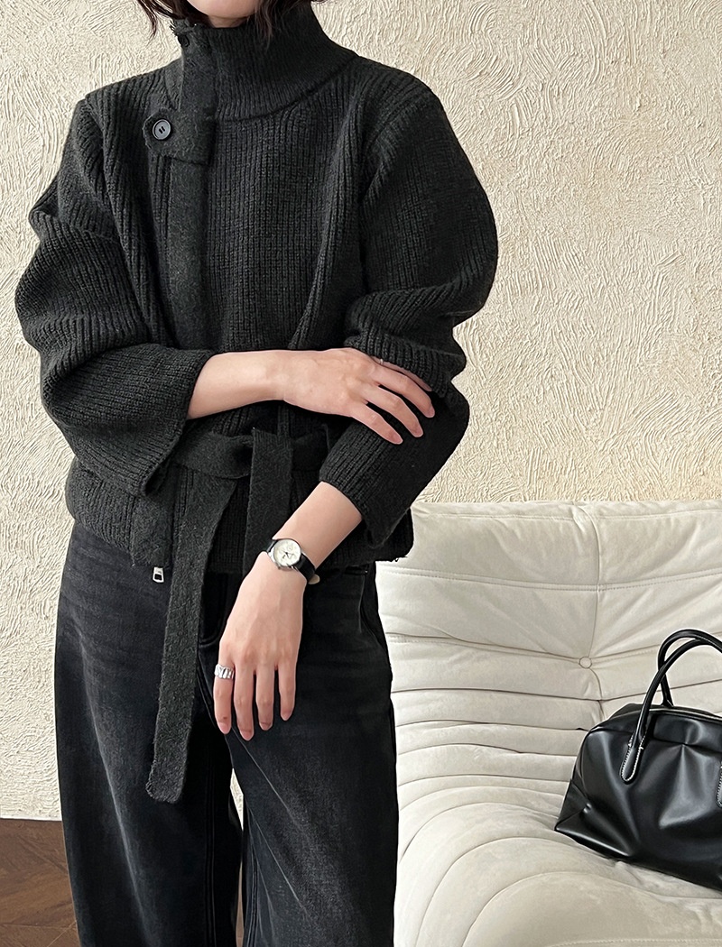 Knitted cstand collar coat slim pinched waist cardigan