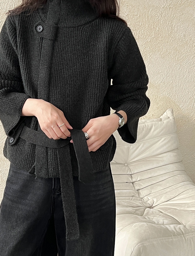 Knitted cstand collar coat slim pinched waist cardigan
