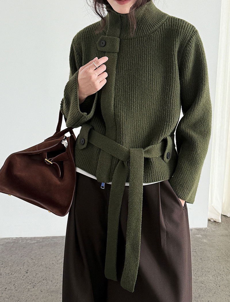 Knitted cstand collar coat slim pinched waist cardigan