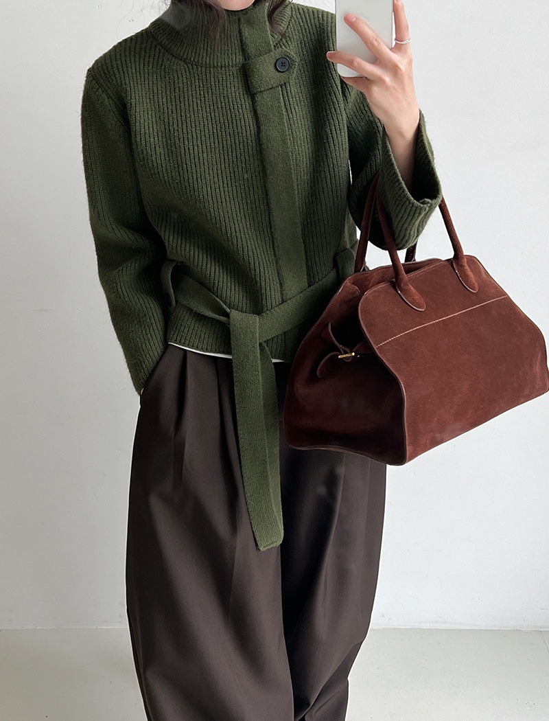 Knitted cstand collar coat slim pinched waist cardigan