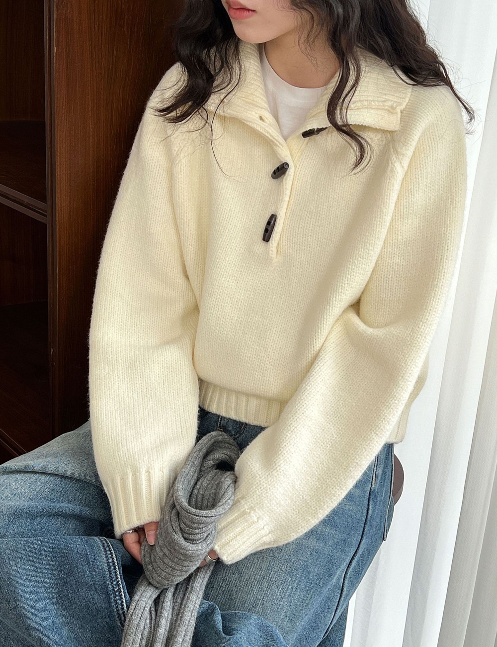 Horn buckle thick coat Korean style sweater for women