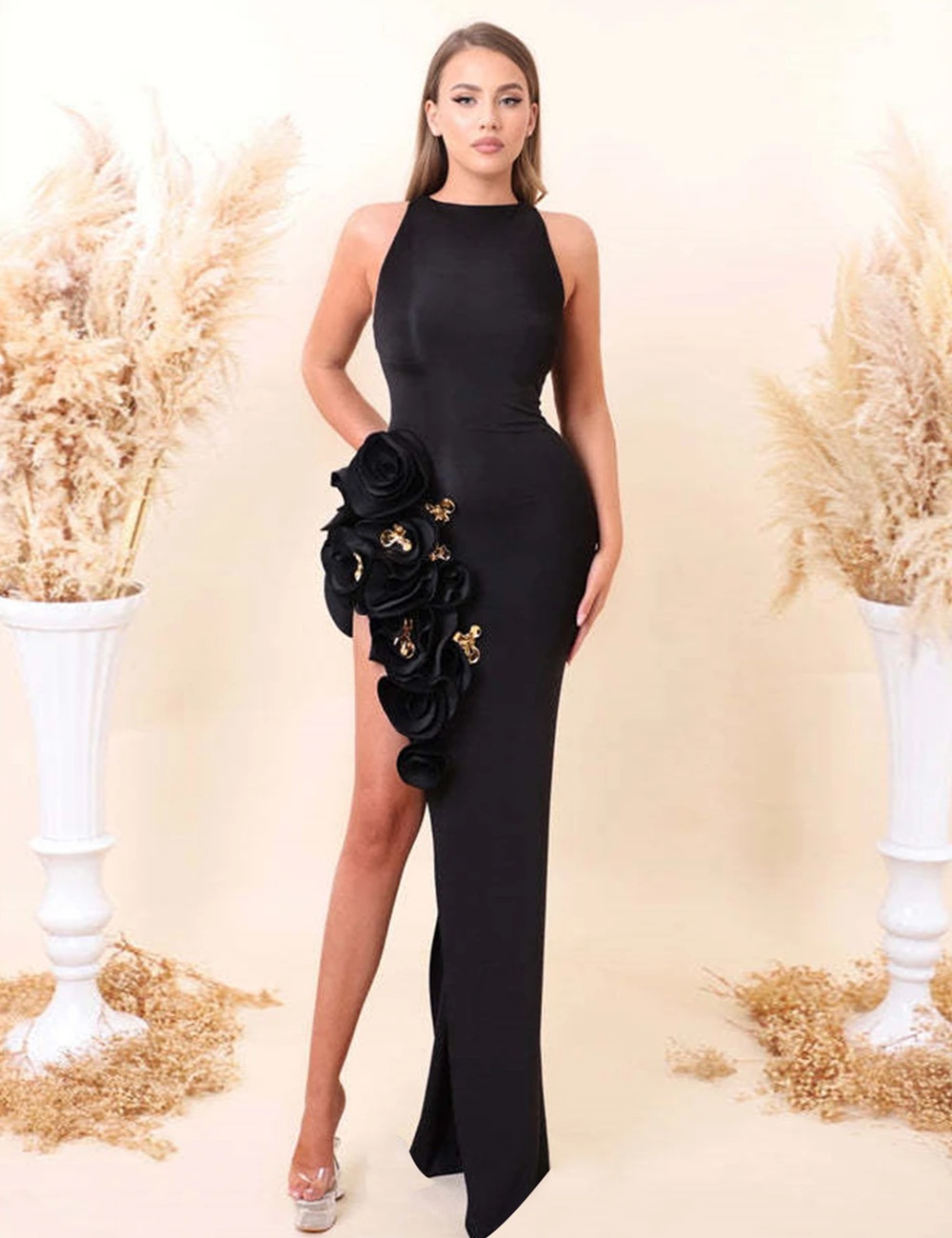 Pinched waist sleeveless formal dress elegant long dress