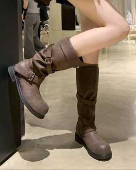 Thick round retro long tube belt buckle boots for women