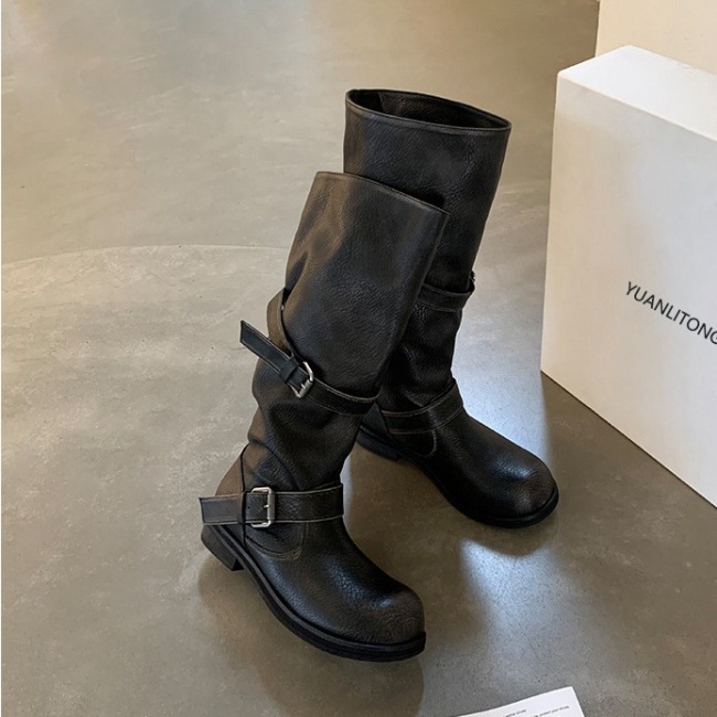Thick round retro long tube belt buckle boots for women
