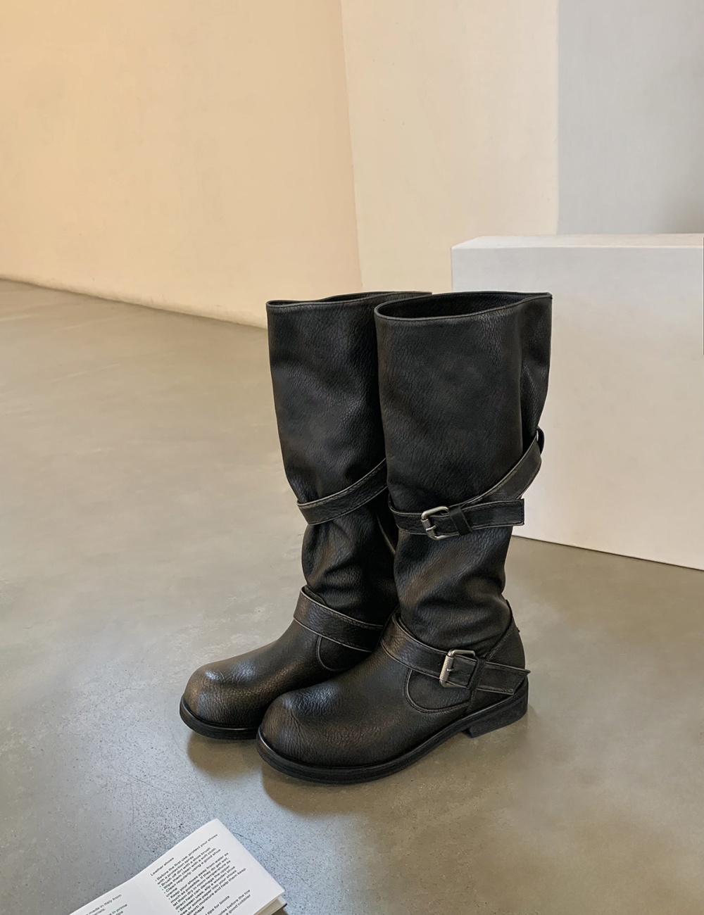 Thick round retro long tube belt buckle boots for women