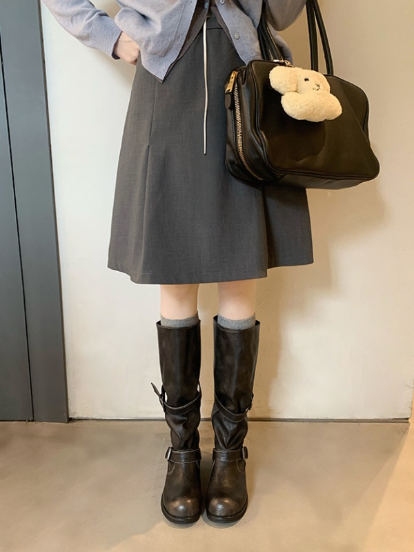 Thick round retro long tube belt buckle boots for women