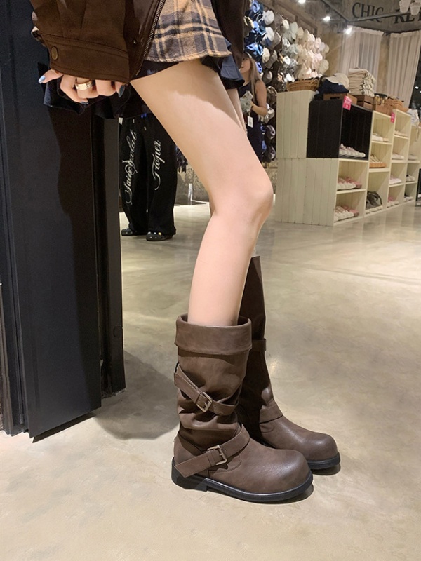 Thick round retro long tube belt buckle boots for women