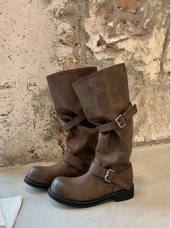 Thick round retro long tube belt buckle boots for women