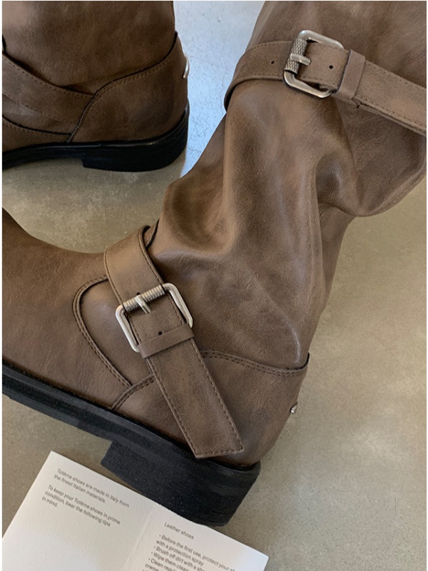 Thick round retro long tube belt buckle boots for women