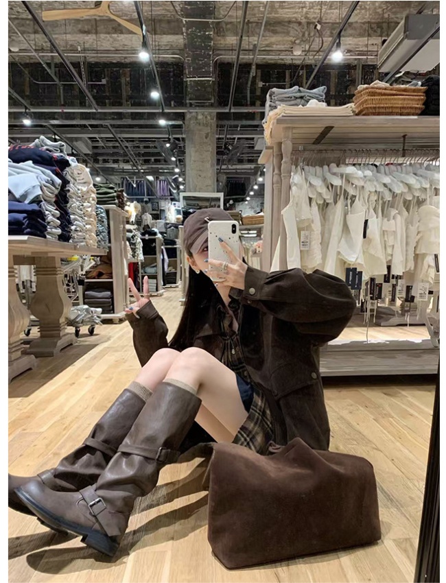 Thick round retro long tube belt buckle boots for women