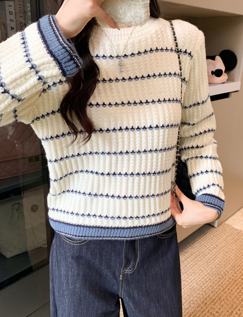 Round neck fashion sweater all-match simple tops for women