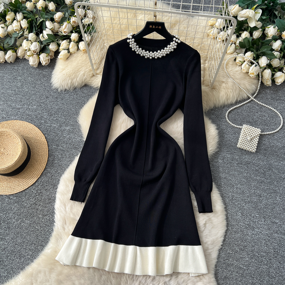 Beading lotus leaf edges dress ladies sweater dress for women