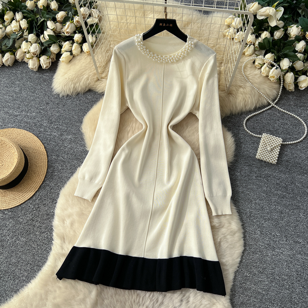 Beading lotus leaf edges dress ladies sweater dress for women
