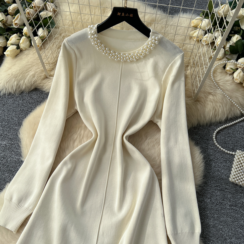 Beading lotus leaf edges dress ladies sweater dress for women