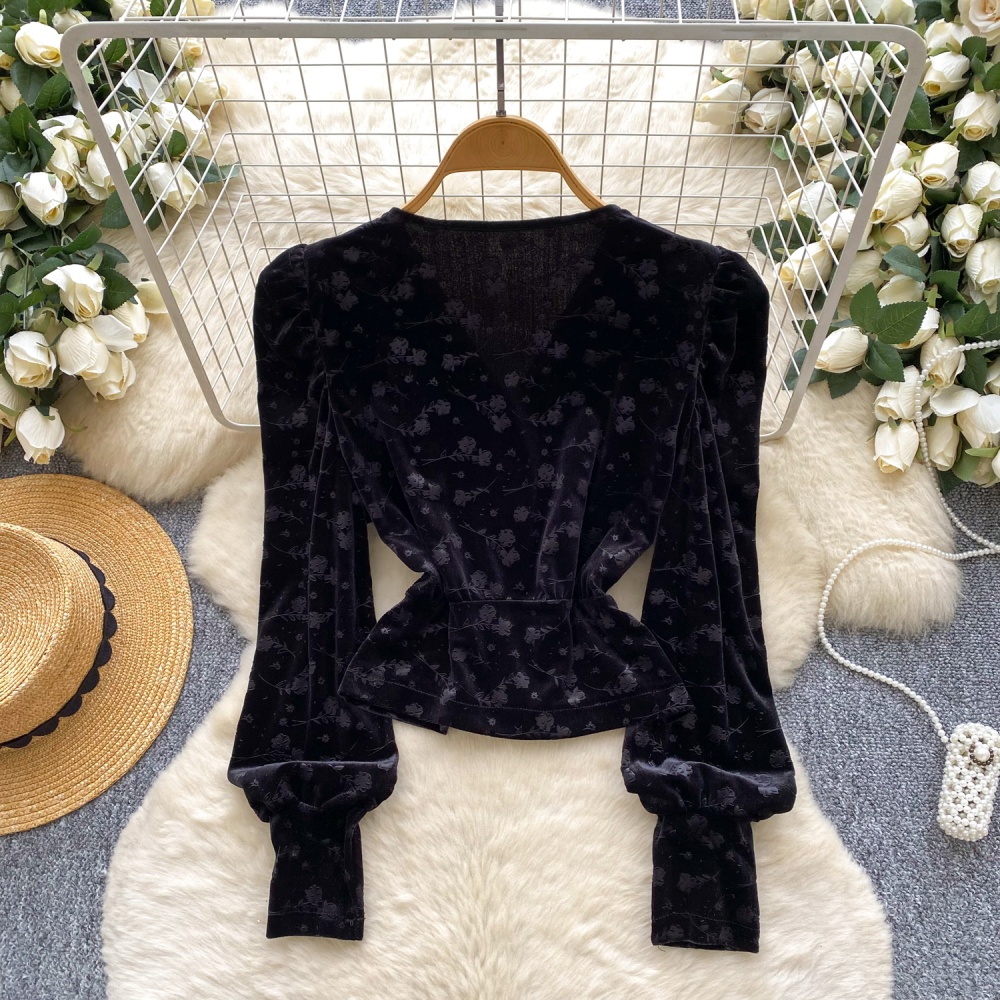 Slim V-neck ladies tops velvet retro shirt