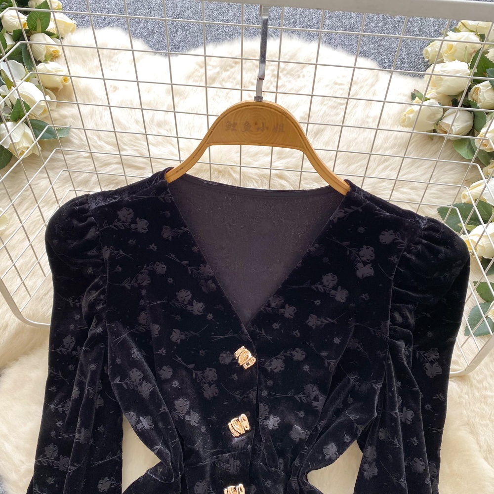 Slim V-neck ladies tops velvet retro shirt