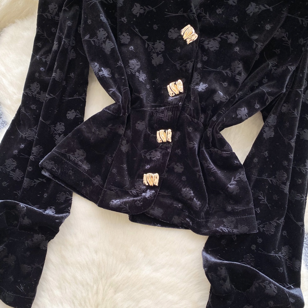 Slim V-neck ladies tops velvet retro shirt