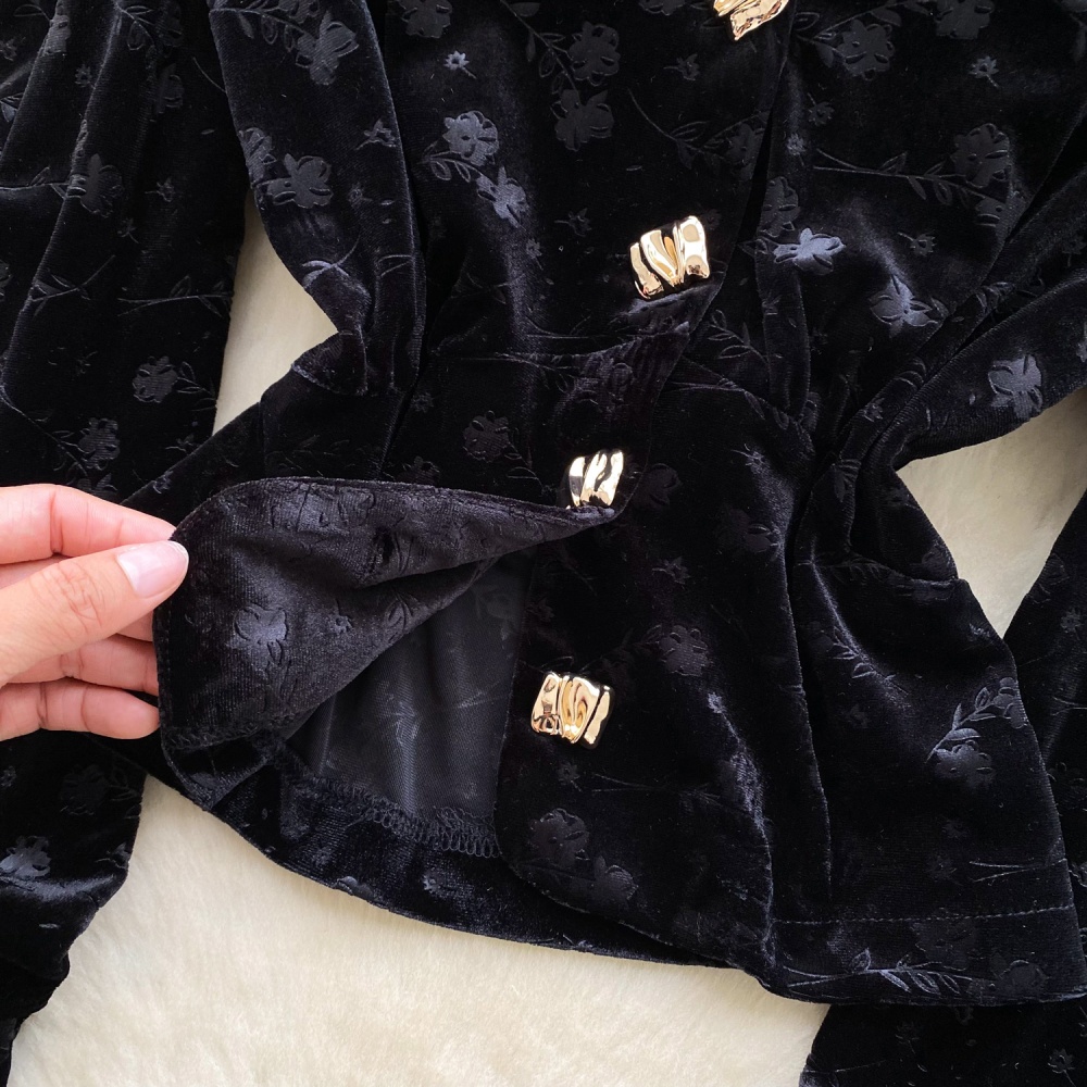 Slim V-neck ladies tops velvet retro shirt