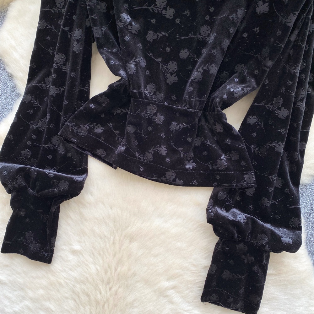 Slim V-neck ladies tops velvet retro shirt