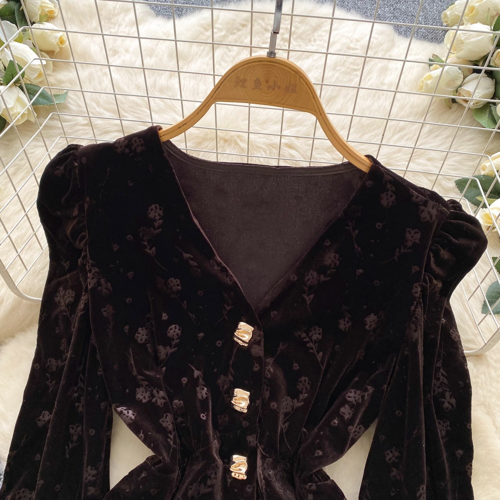 Slim V-neck ladies tops velvet retro shirt