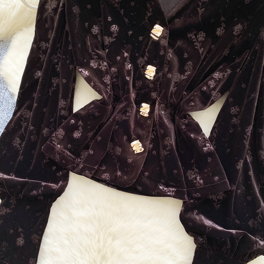 Slim V-neck ladies tops velvet retro shirt