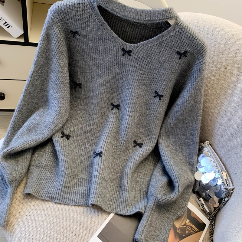 Bow pullover sweater thick niche tops