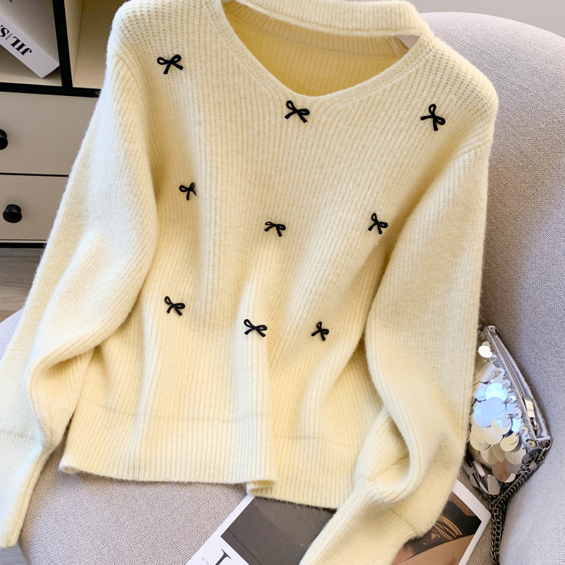 Bow pullover sweater thick niche tops