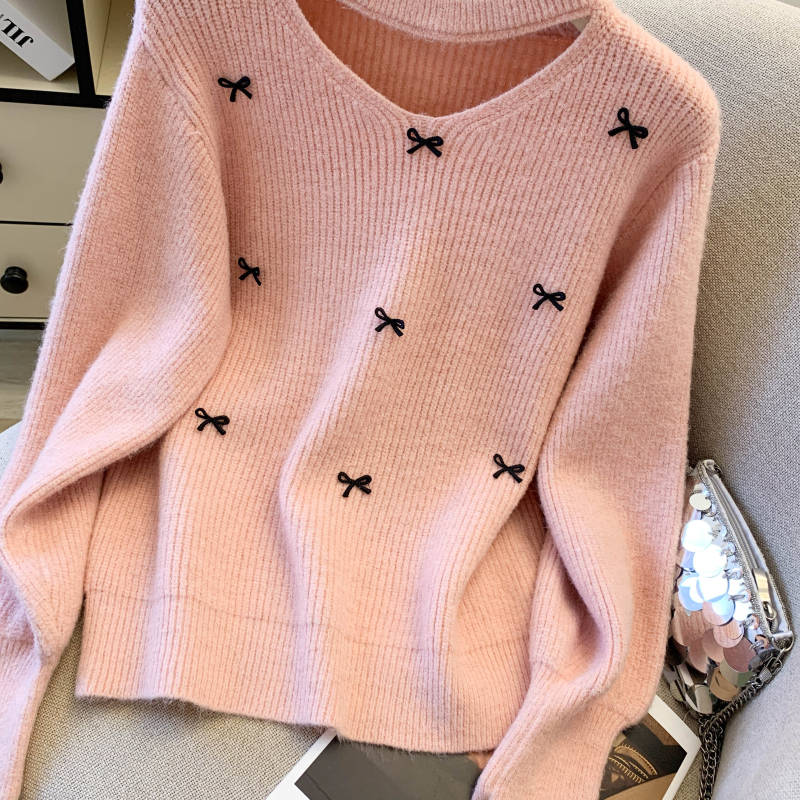 Bow pullover sweater thick niche tops