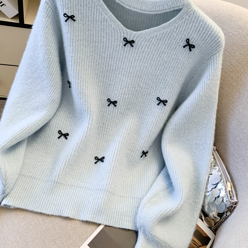 Bow pullover sweater thick niche tops