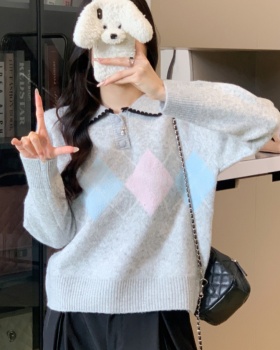 Gray pullover retro quilted loose sweater for women