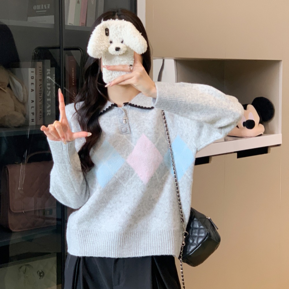 Gray pullover retro quilted loose sweater for women